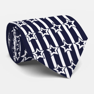Navy Blue White Star Stripes Pattern Neck Tie