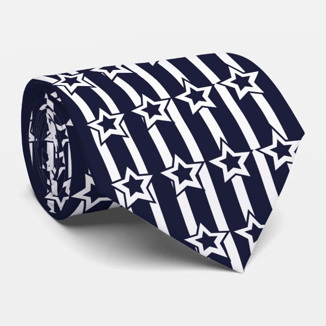 Navy Blue White Star Stripes Pattern Neck Tie (Rolled)