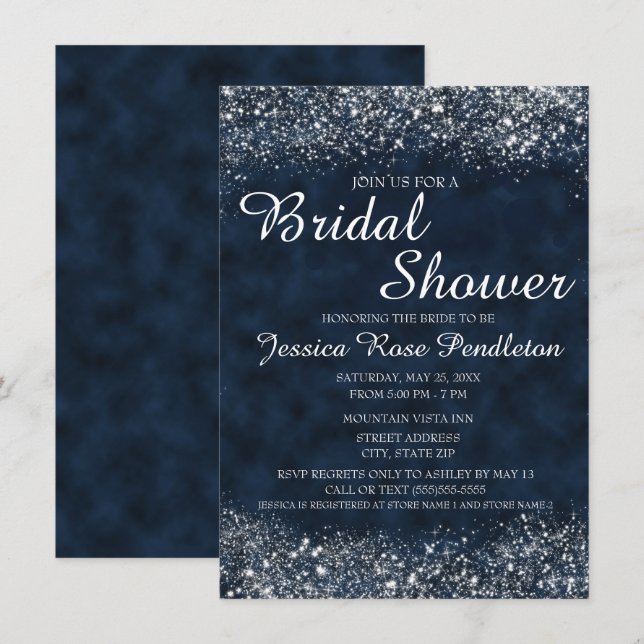 Navy Blue White Stardust Bridal Shower Invitation (Front/Back)
