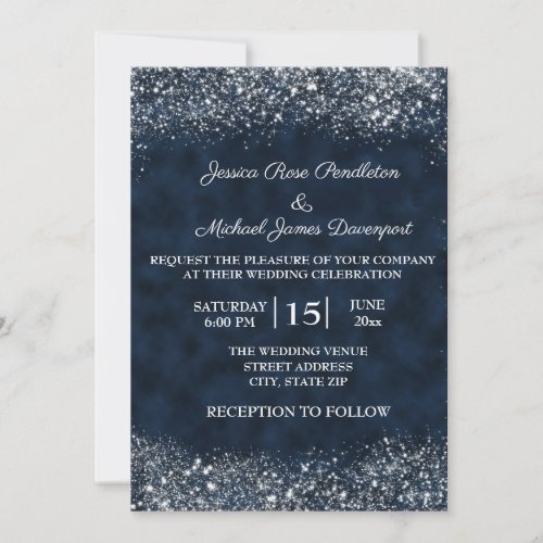 Navy Blue White Stardust Wedding Invitation