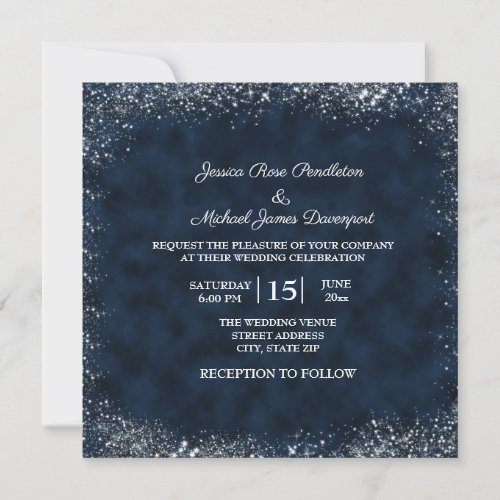 Navy Blue White Stardust Wedding Invitation Square