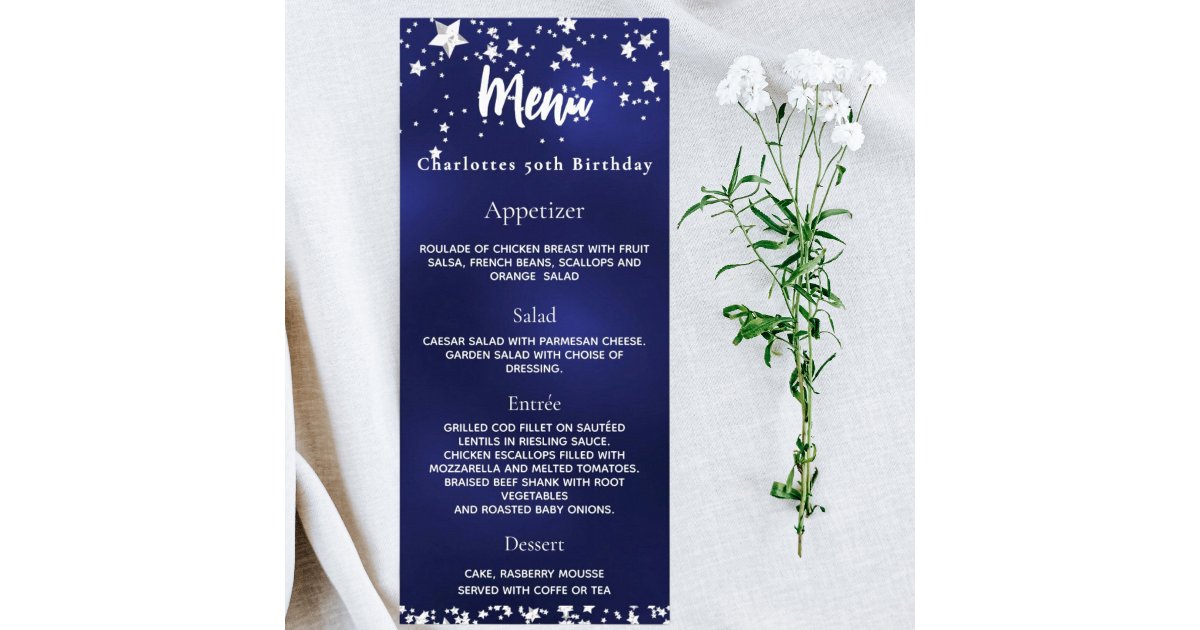 Navy blue white stars birthday menu