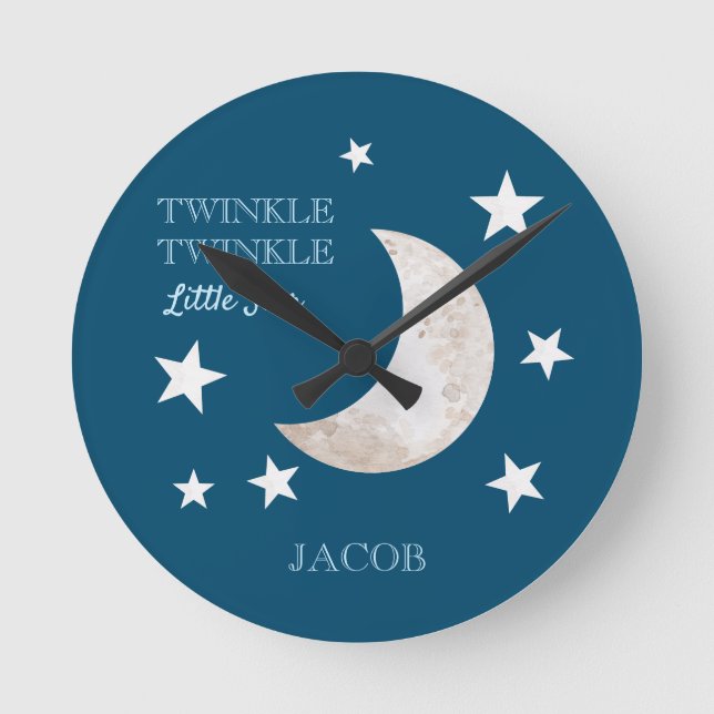Navy Blue White Stars Moon Twinkle Little Star Round Clock (Front)