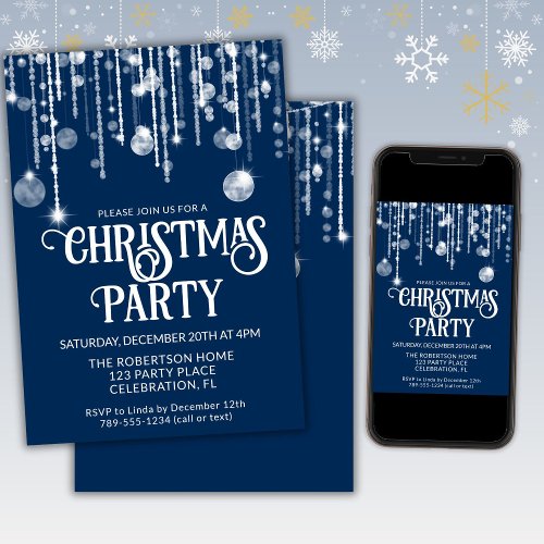 Navy Blue White String Lights Christmas Party  Invitation