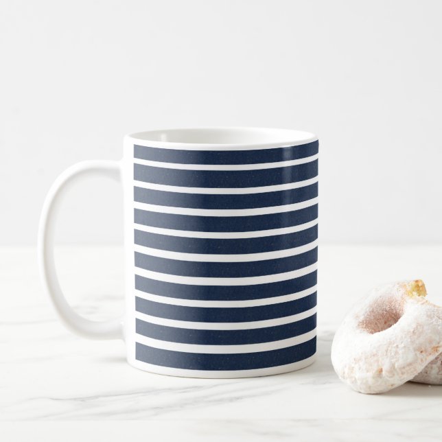 Navy Blue White Stripe Beach House Coffee Mug (With Donut)
