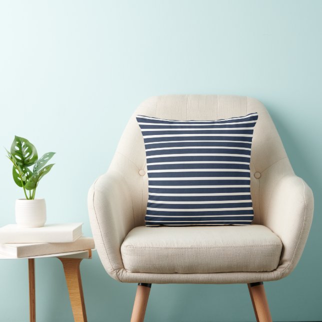 Navy Blue White Stripe Beach House Throw Pillow (Chair)