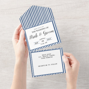 Navy Blue White Stripe Coastal Beach Wedding All In One Invitation