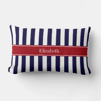 Navy Blue White Stripe Cranberry Name Monogram Lumbar Pillow