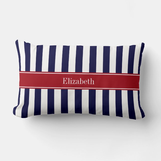 Navy Blue White Stripe Cranberry Name Monogram Lumbar Pillow (Front)