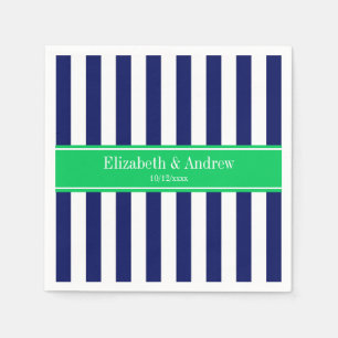 Navy Blue White Stripe Emerald Green Name Monogram Napkins