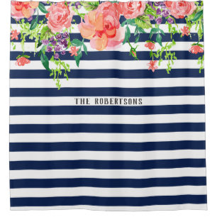 Navy Blue White Stripe Floral Rose Watercolor Name Shower Curtain