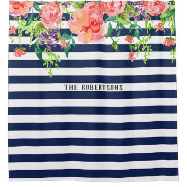 Navy Blue White Stripe Floral Rose Watercolor Name Shower Curtain