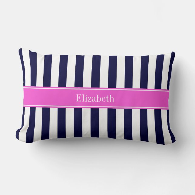 Navy Blue White Stripe Hot Pink Name Monogram Lumbar Pillow (Front)