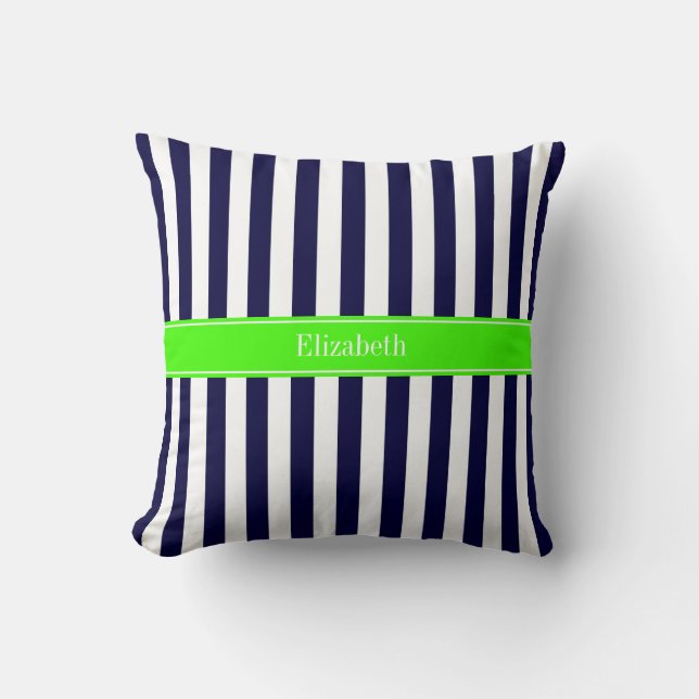 Navy Blue White Stripe Lime Name Monogram Throw Pillow (Front)