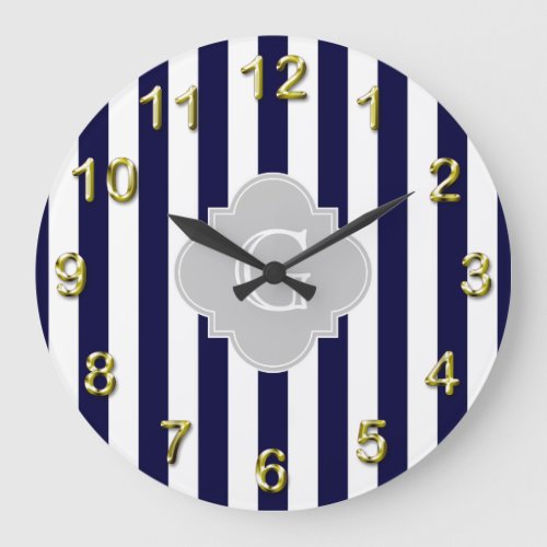 Navy Blue White Stripe Lt Gray Quatrefoil Monogram Large Clock