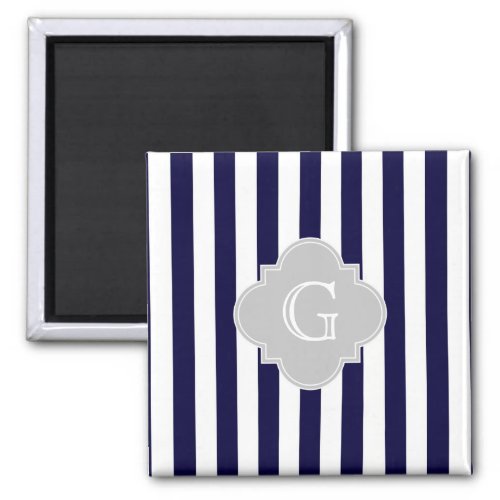 Navy Blue White Stripe Lt Gray Quatrefoil Monogram Magnet