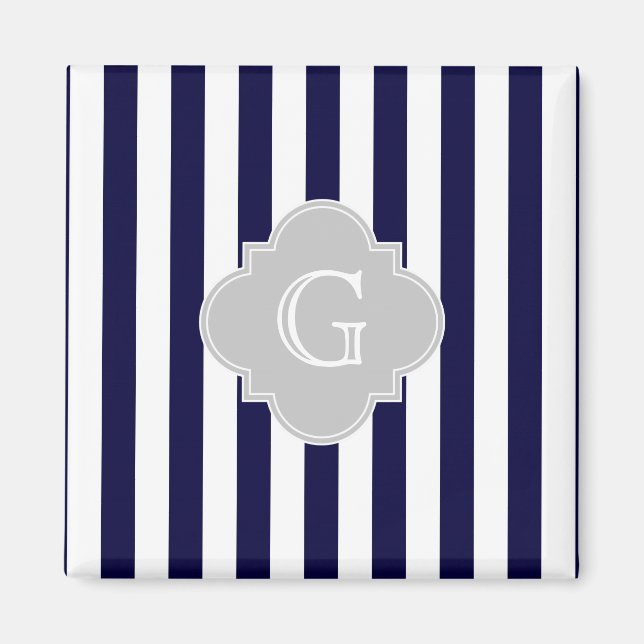 Navy Blue White Stripe Lt Gray Quatrefoil Monogram Magnet (Front)