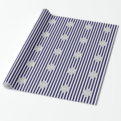 Navy Blue White Stripe Lt Gray Quatrefoil Monogram Wrapping Paper