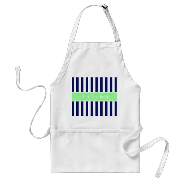 Navy Blue White Stripe Mint Green Name Monogram Adult Apron (Front)