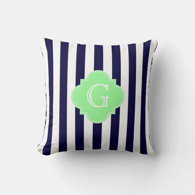Navy Blue White Stripe Mint Quatrefoil Monogram Throw Pillow (Front)