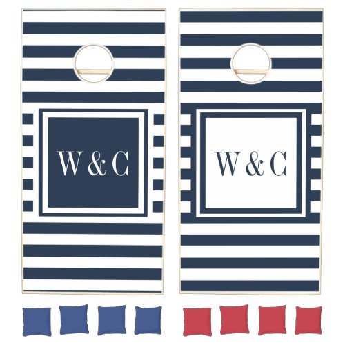 Navy Blue White Stripe Monogram Nautical Preppy Cornhole Set