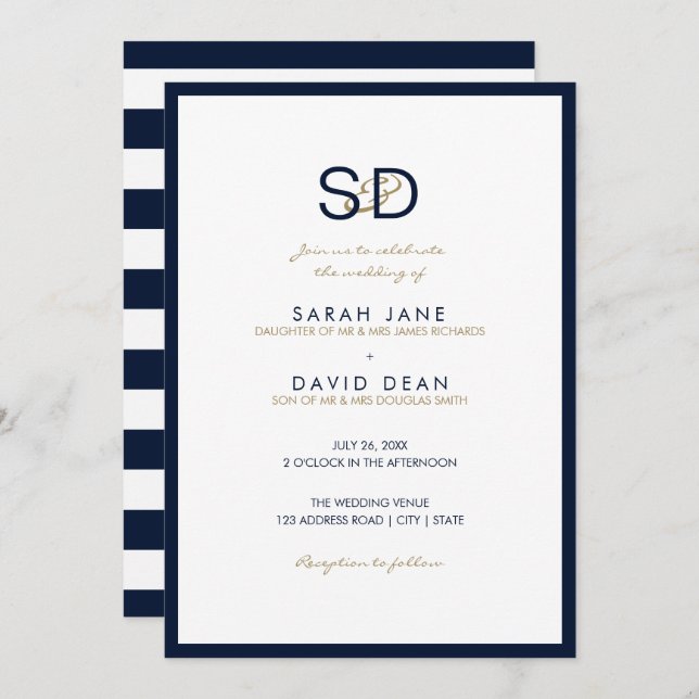 Navy Blue & White Stripe Monogram Wedding Invitation (Front/Back)