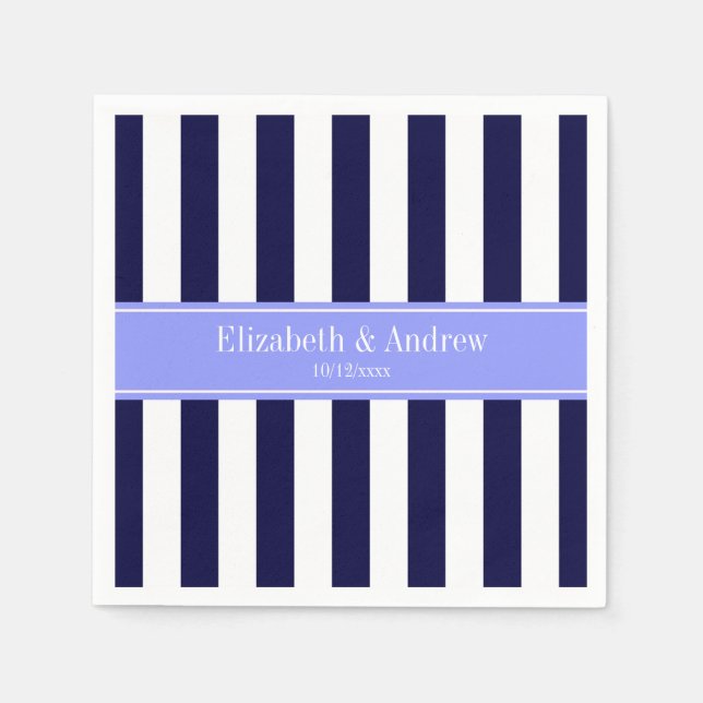 Navy Blue White Stripe Periwinkle Name Monogram Napkins (Front)