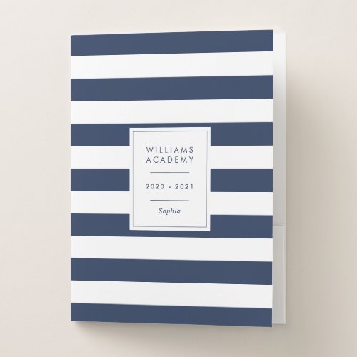 Navy Blue  White Stripe Personalized Homeschool Pocket Folder