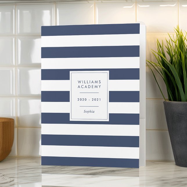 Navy Blue & White Stripe Personalized Homeschool Pocket Folder (Creator Uploaded)
