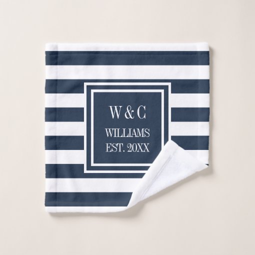 Navy Blue White Stripe Personalized Monogram Bath Towel Set | Zazzle