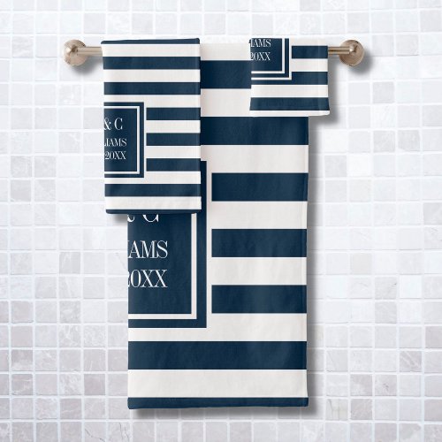 Navy Blue White Stripe Personalized Monogram Bath Towel Set