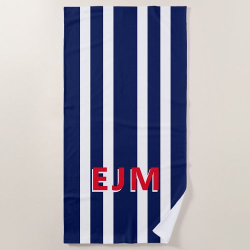 Navy Blue White Stripe Personalized Monogram Beach Towel