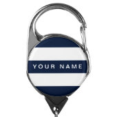 Navy Blue & White Stripe Personalized Name Badge Holder (Carabiner Front)