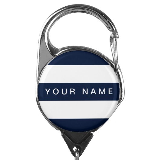 Navy Blue & White Stripe Personalized Name Badge Holder (Carabiner Front)
