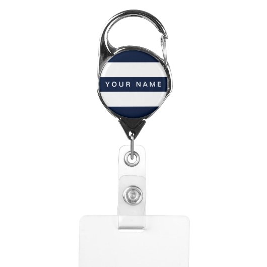 Navy Blue & White Stripe Personalized Name Badge Holder (Front)