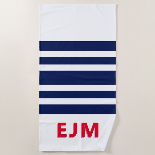 Navy Blue White Stripe Personalized Red Monogram Beach Towel