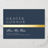 Navy Blue White Stripe Photo Save The Date Foil Invitation (Front)