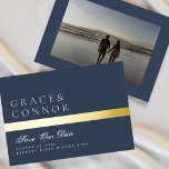 Navy Blue White Stripe Photo Save The Date Foil Invitation<br><div class="desc">Please contact us for additional stationery or questions... . This card is part of a unique suite and collection.</div>
