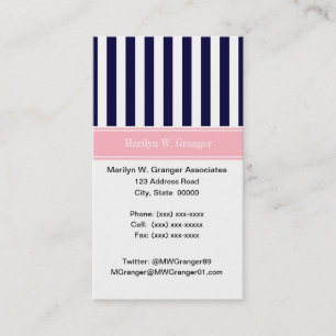 Navy Blue White Stripe Pink Name Monogram Business Card