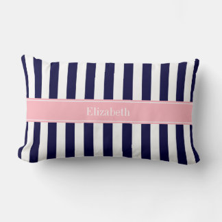 Navy Blue White Stripe Pink Name Monogram Lumbar Pillow