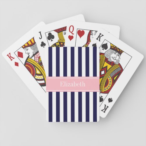 Navy Blue White Stripe Pink Name Monogram Poker Cards