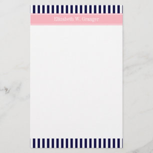 Navy Blue White Stripe Pink Name Monogram Stationery