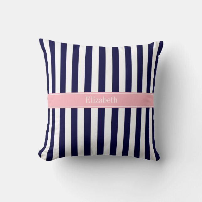 Navy Blue White Stripe Pink Name Monogram Throw Pillow (Front)