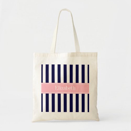 Navy Blue White Stripe Pink Name Monogram Tote Bag