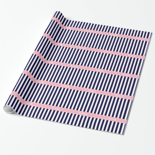 Navy Blue White Stripe Pink Name Monogram Wrapping Paper