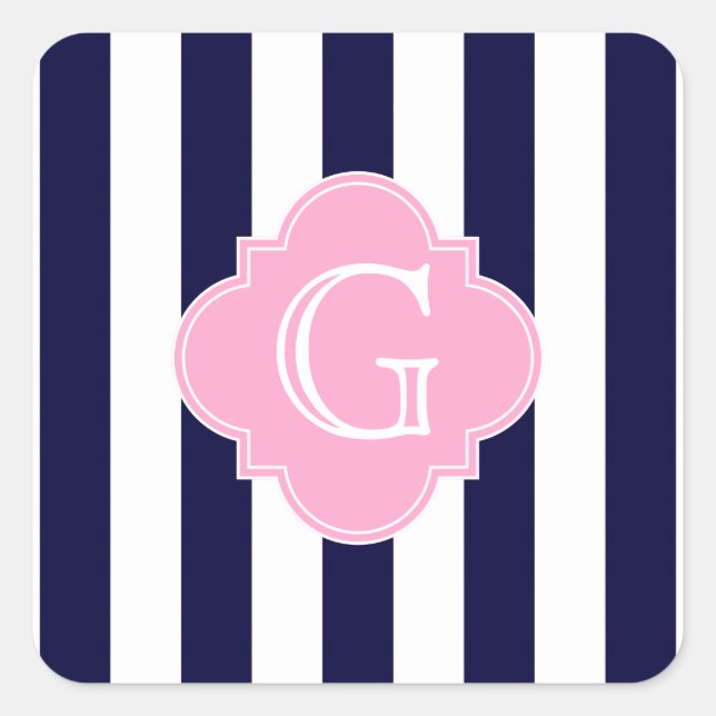Navy Blue White Stripe Pink Quatrefoil Monogram Square Sticker (Front)