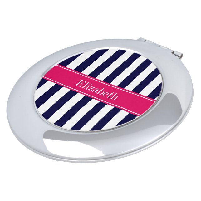 Navy Blue White Stripe Raspberry Name Monogram Vanity Mirror (Turned)