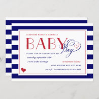 Navy Blue & White Stripe Red Baby Shower Boy Invitation