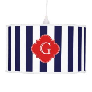 Navy Blue White Stripe Red Quatrefoil Monogram Hanging Lamp