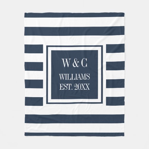 Navy Blue White Stripe Stylish Monogram Fleece Blanket